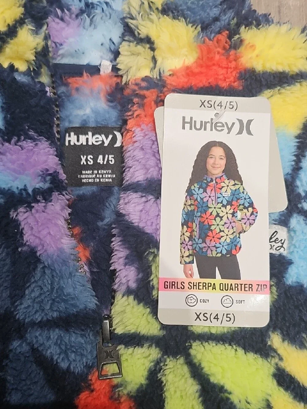 Hurley Kids Navy Fuzzy Pullover with Multicolor Floral Stars